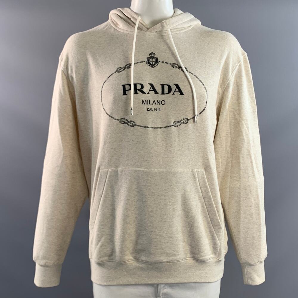 PRADA Size L Beige Logo Cotton Hooded Sweatshirt